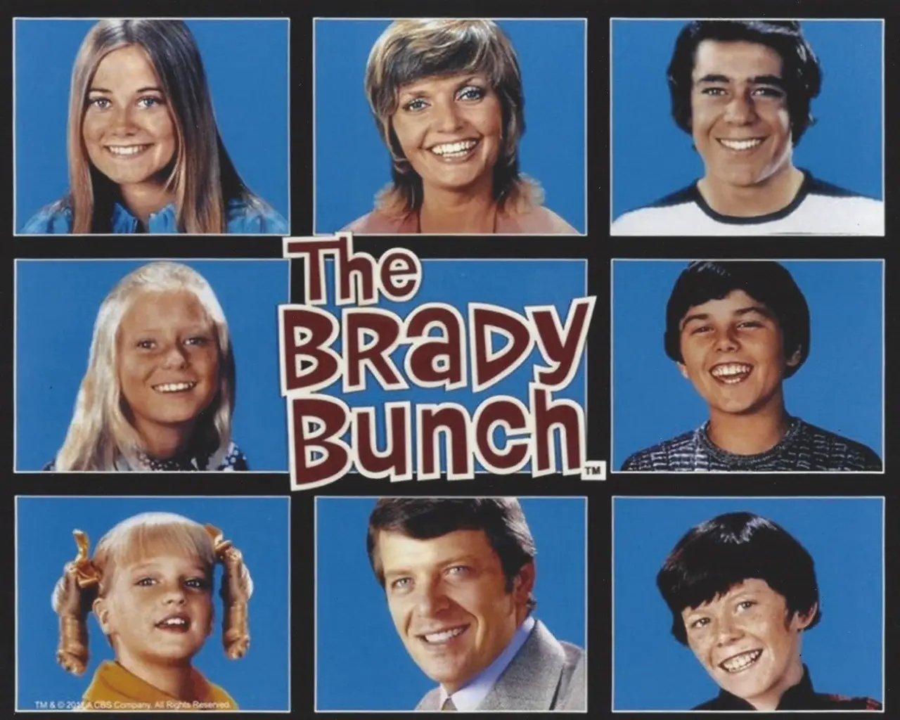 A bunch of people are smiling for the brady bunch.